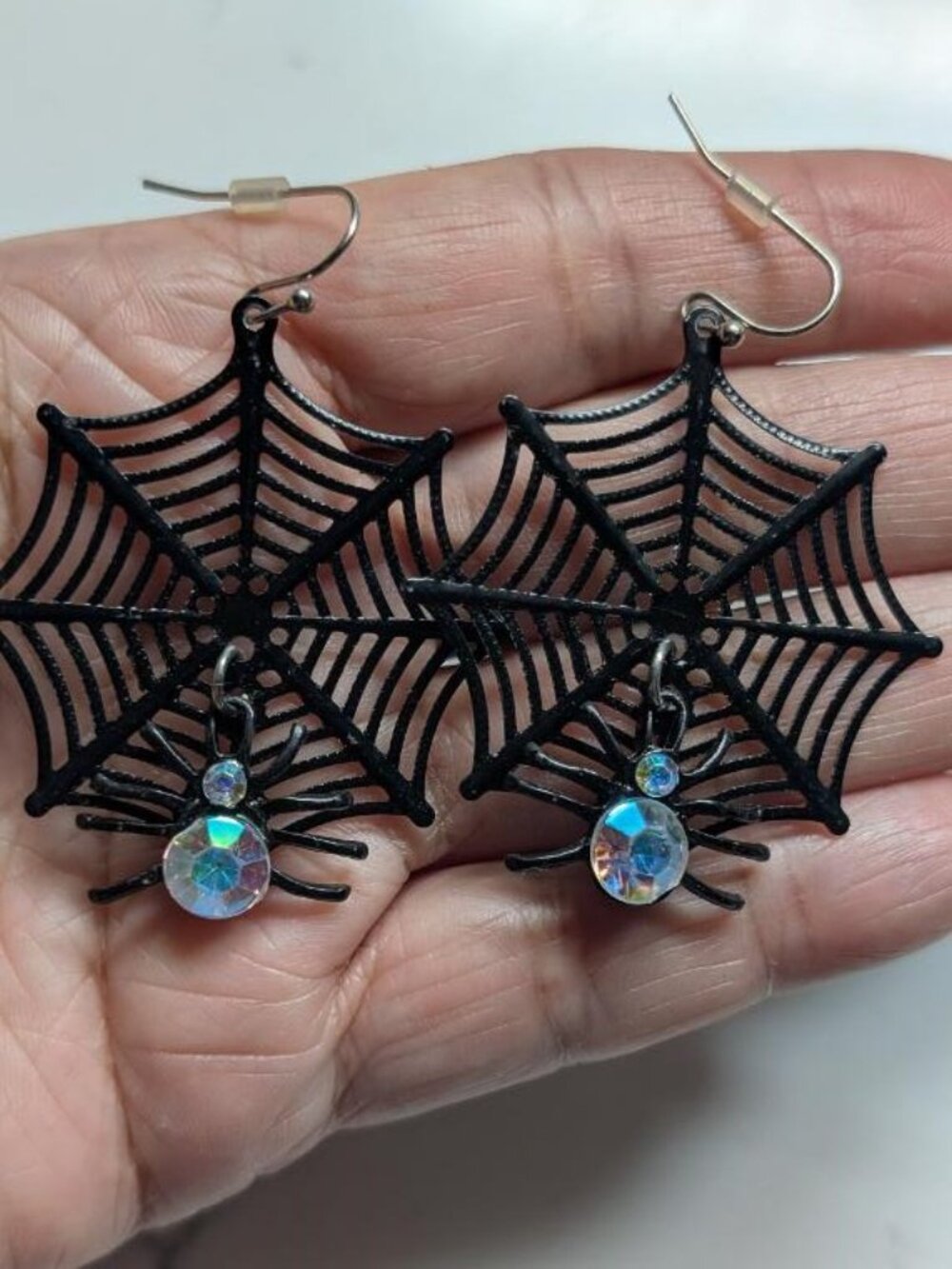 Large Vintage Halloween Black Spider on a Web Earrings with Rhinestones.